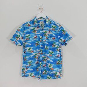 Blue Shirt Mens Medium Tropical Hawaiian Camp Boat‎ Allover Beach Cedar Wood